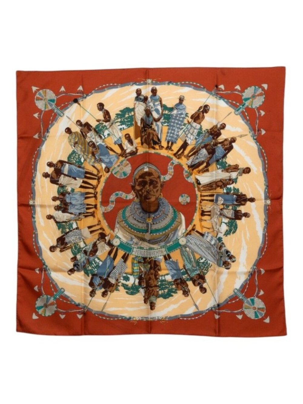 Hermes Carre 90 Perles du Kenya Pearl of Scarf Large Brown Multicolor Silk